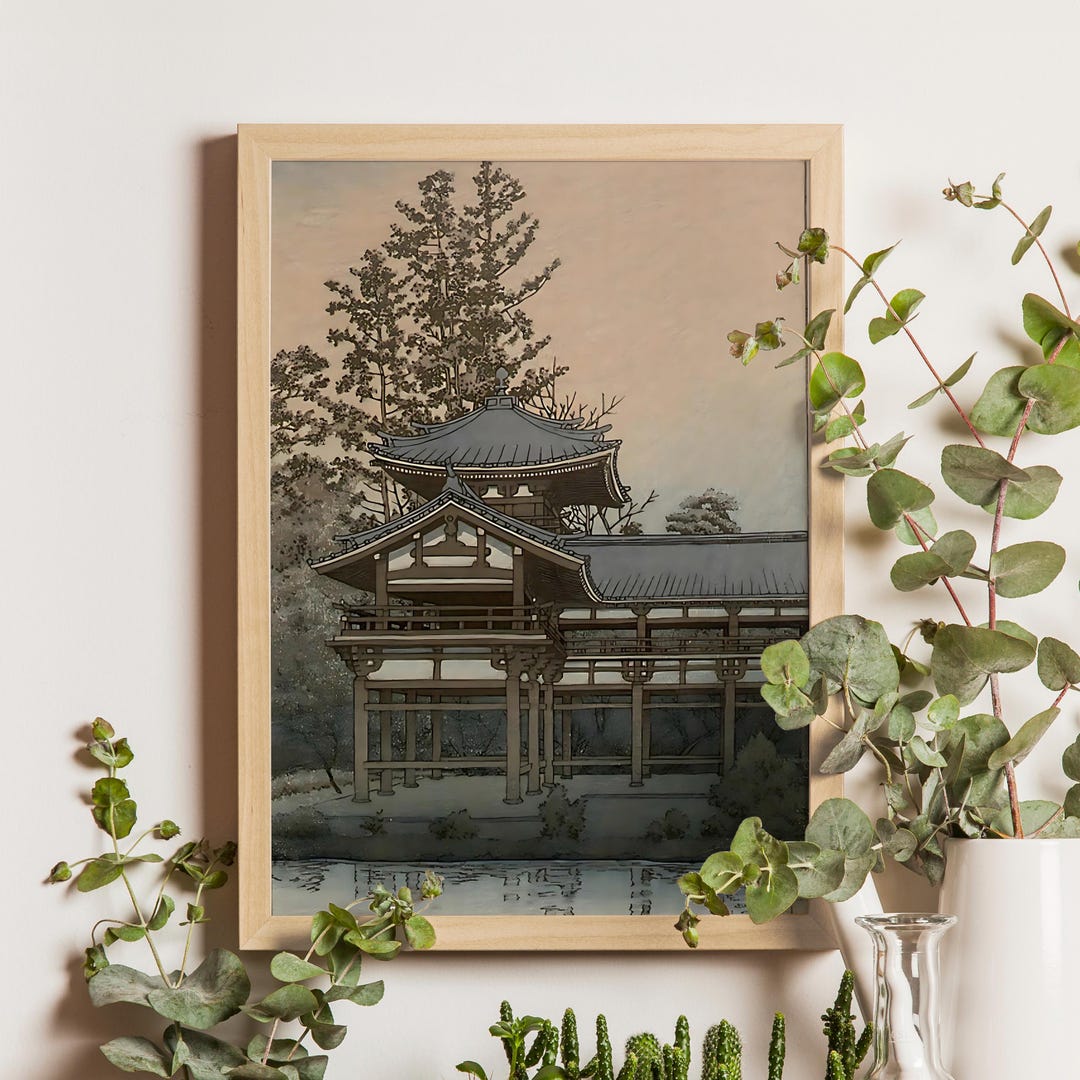 京都近郊の宇治蓮華寺にある平等院、川瀬巴水作、1930年、日本の木版画