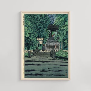 Frente del templo Engakuji en Kamakura Print, Kasamatsu Shiro Art, Japanese Ukiyo-e Vintage Wall Decor, Asian Artwork, Japanese Temple Poster