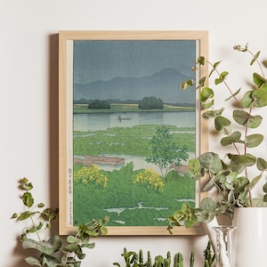 Lake Ezu, Kawase Hasui, 1923, Japanese shin-hanga landscape print, tranquil lake view, collectible woodblock wall art decor