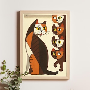 Cat Calling Kittens, Inagaki Tomoo, c. 1970, Japanese woodblock print of playful cats, vintage animal art, modern ukiyo-e decor