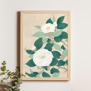 Camellia by Shodo, 1950, Japanese floral botanical art print, mid-century giclée, camellia flower wall decor for home and office