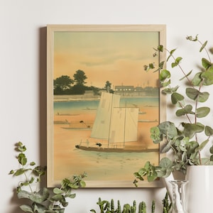Hamachi Riverbank at Sunset Print, Kawatsura Yoshio Art, 1950 Japanese Ukiyo-e Poster, Oriental Wall Art Decor, Vintage Landscape Artwork