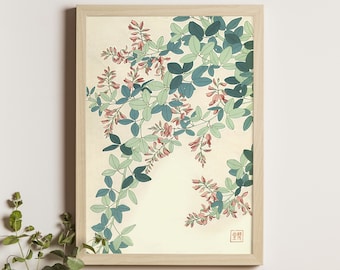 May include: A framed print of a Japanese botanical illustration featuring delicate pink flowers and green leaves. The print has a cream background and a small red stamp in the bottom right corner with Japanese characters.
