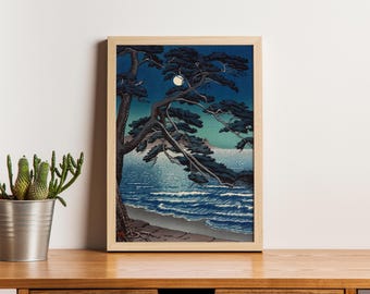 江の島の月、川瀬巴水、1933年、日本の木版画、夜景、月明かりの海岸