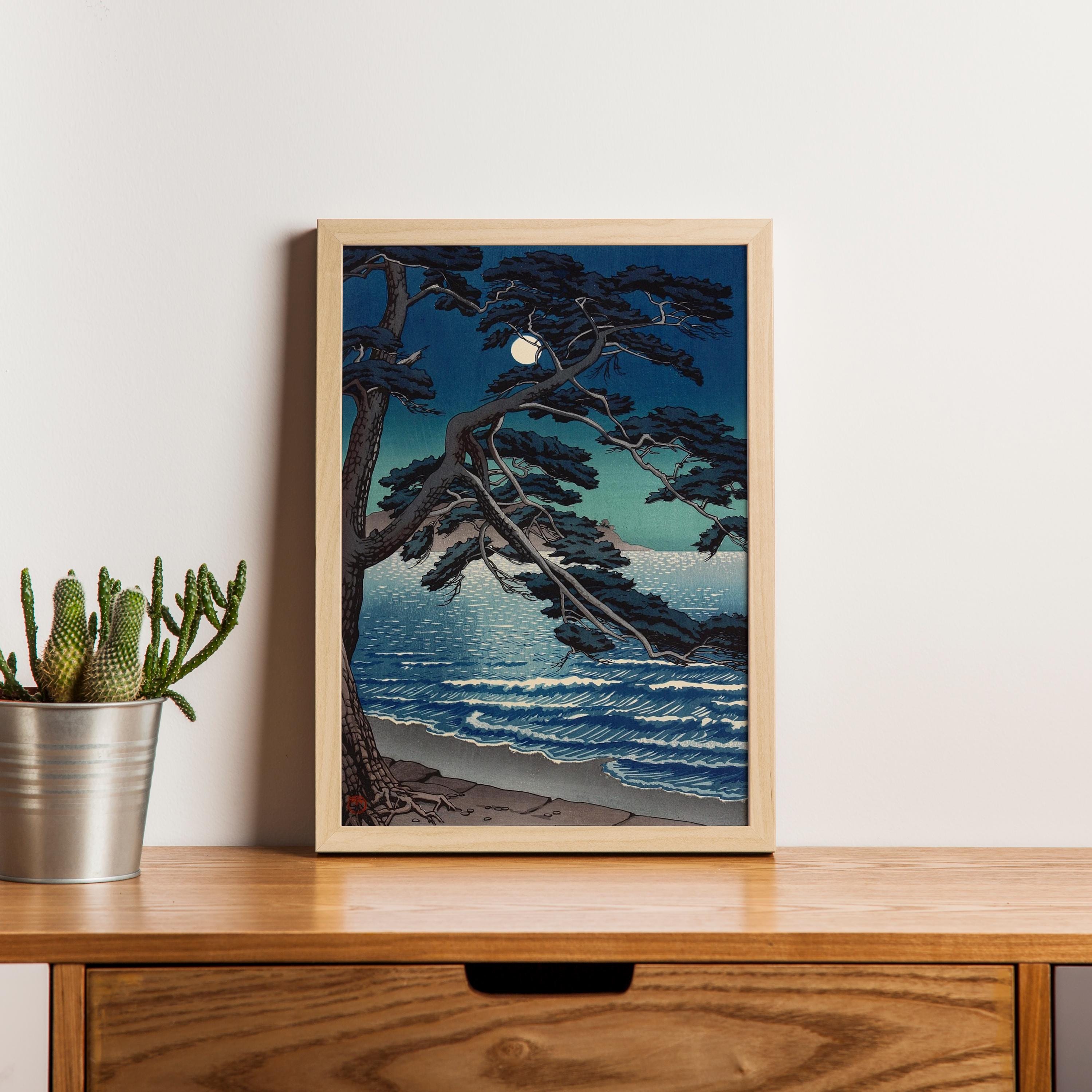 江の島の月、川瀬巴水、1933年、日本の木版画、夜景、月明かりの海岸