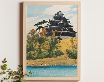 岡山城、川瀬巴水、1925年、日本の歴史的建築を描いたヴィンテージ木版画、新版画の城壁アート