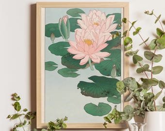 小原古邨による日本のアートプリント「睡蓮」、木版画、ジクレー、版画