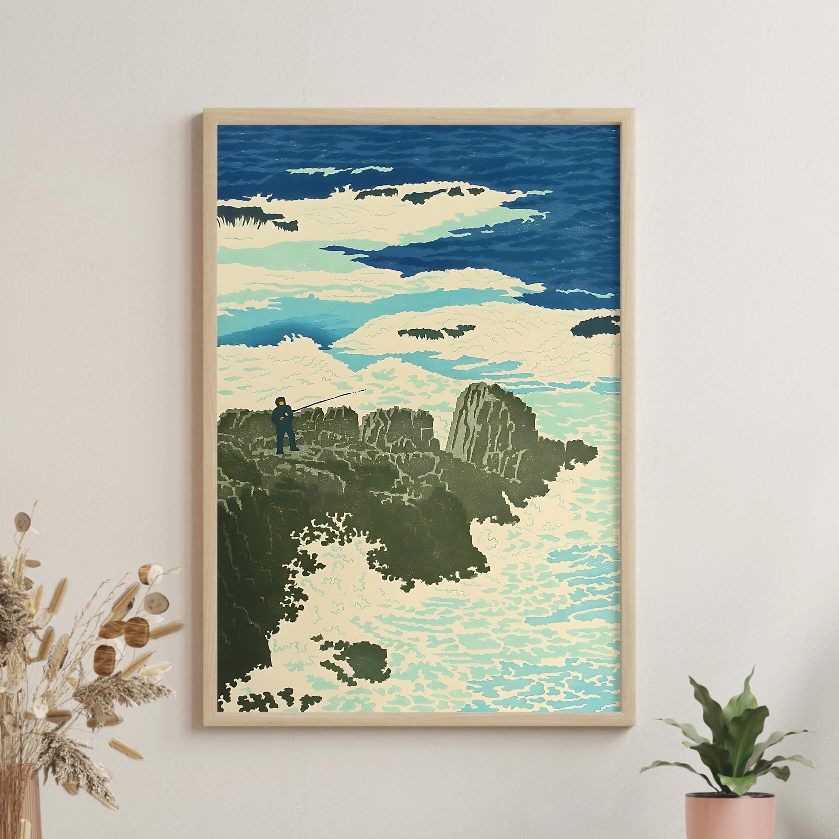真作】絵画 ガラス絵 風景画 懐かしい日本の原風景 静寂な海と松林 U36