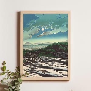 Karikachi Mountain Pass, Kawase Hasui, 1928, Shin-Hanga winter woodblock print, snowy landscape Japan wall art, mountain travel scene