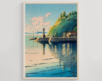 三保ヶ関の夜明け、川瀬巴水、1920年、日本の木版画、新版画の風景画、海岸の日の出、コレクターズウォールアート
