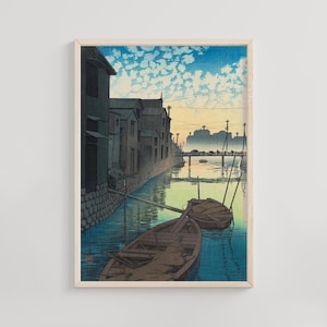 Morning on the Daikon Wharf, Kawase Hasui, 1930, Shin-hanga Japanese woodblock art, Ukiyo-e revival poster, Tokyo river fine art print