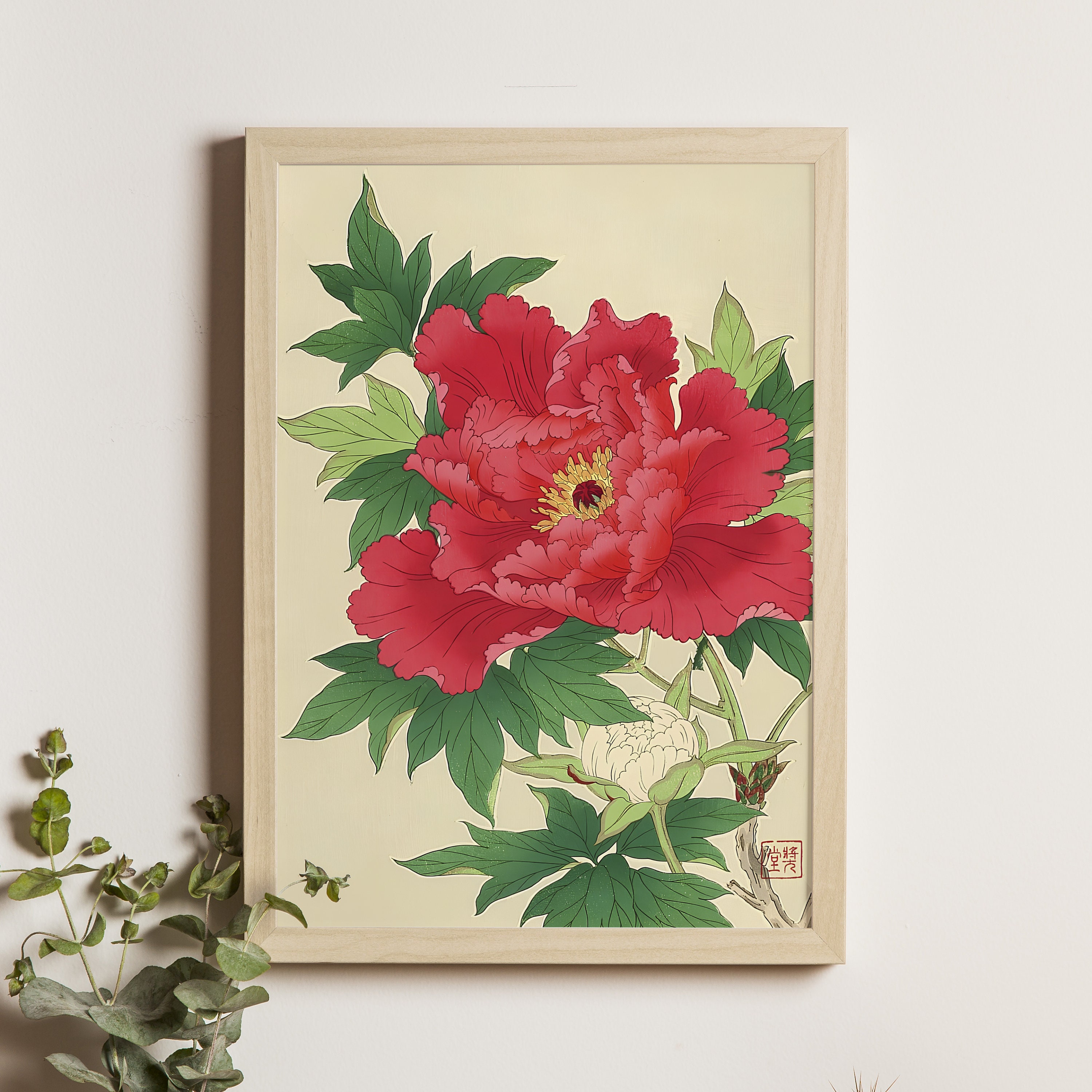 『赤い衿』　　水彩肉筆画 Red Peony, Kawarazaki Shodo Art Print, Japanese Ukiyo-e