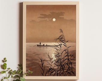 正田幸甫による日本のアートプリント「月明かりの海」、木版画