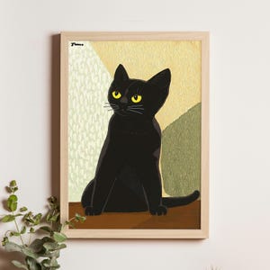 Black Cat, Inagaki Tomoo, c. 1940s, minimalist Japanese animal print, vintage feline silhouette, zen-inspired woodblock decor