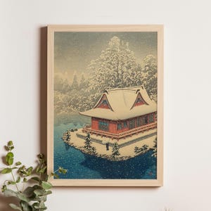 Inokashira in Snow by Kawase Hasui, 1928, Japanese winter landscape woodblock, snow scene shin-hanga wall art fine art print