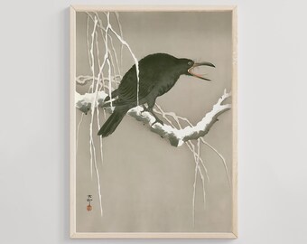 小原古邨による日本の版画「柿を食べるカラス」、木版画