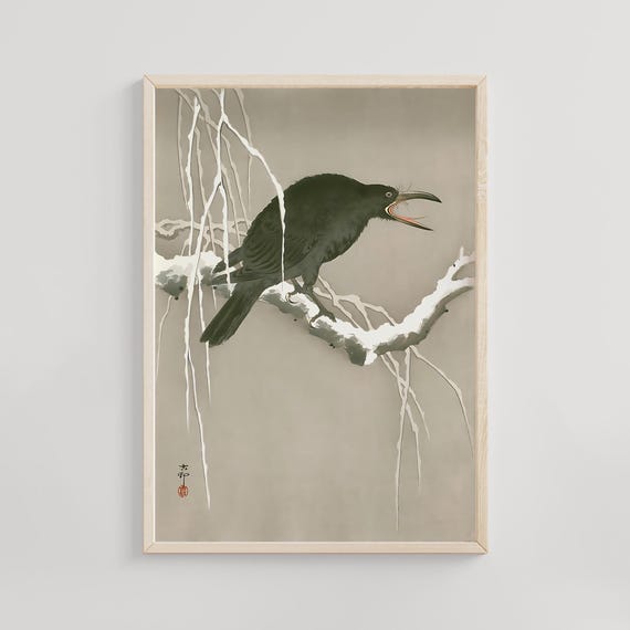小原古邨作「叫ぶカラス」、20世紀、日本の木版画による鳥の芸術作品