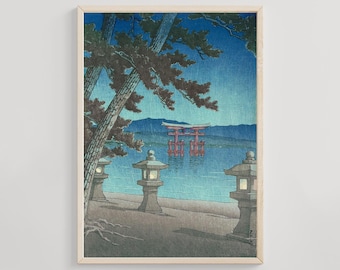 川瀬巴水作「宮島の星月夜」、木版画、ジクレー、版画、アジア美術