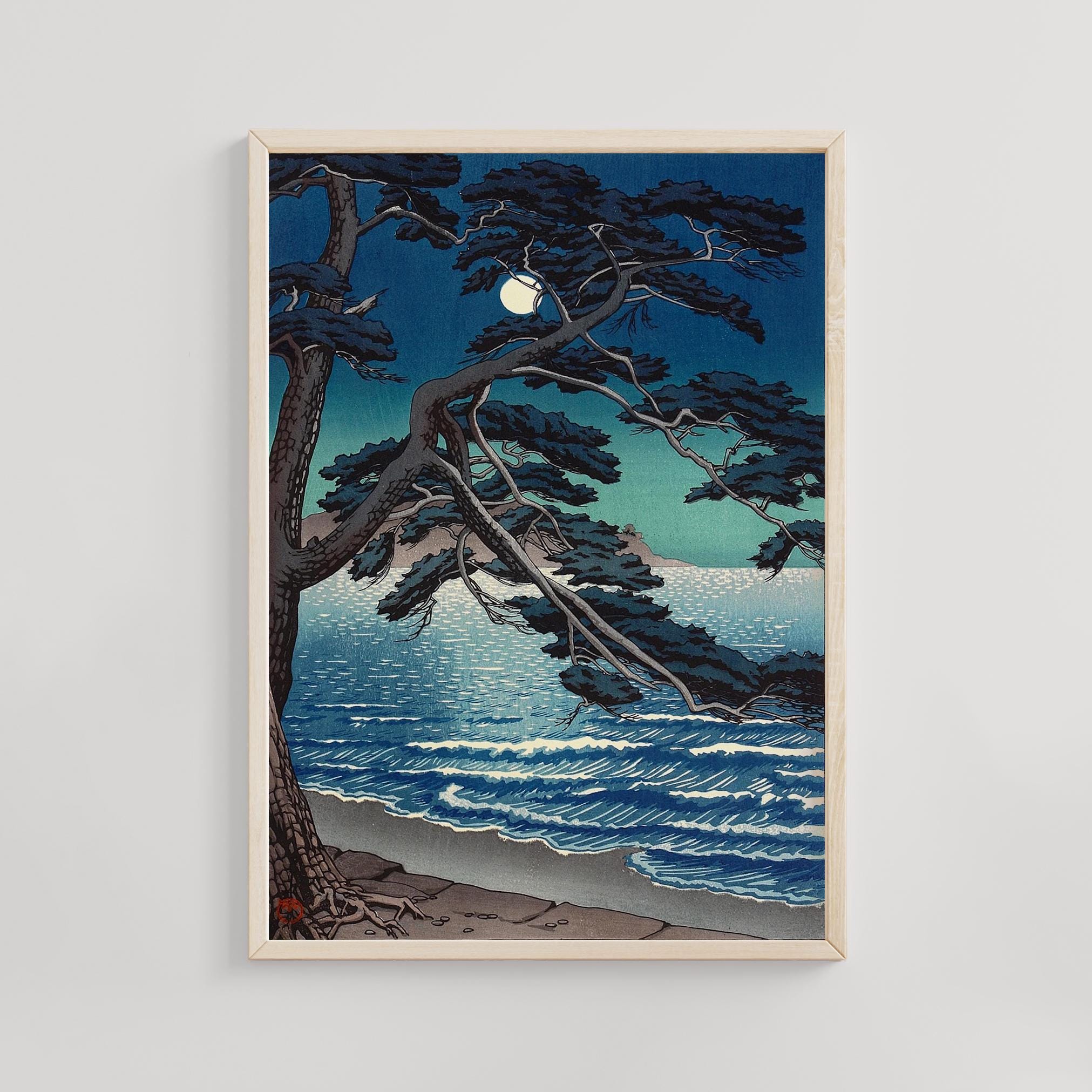 江の島の月、川瀬巴水、1933年、日本の木版画、夜景、月明かりの海岸