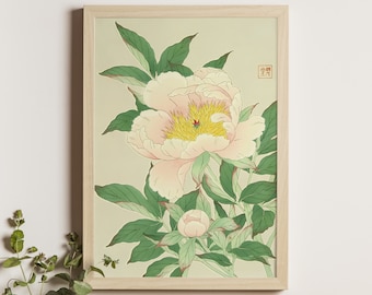 May include: A framed print of a delicate white and pink peony flower with green leaves. The Japanese characters "牡丹" (牡丹) are written in the top right corner of the print.