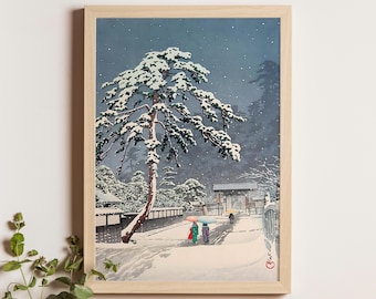 川瀬巴水作「雪の増上寺」日本美術版画、木版画、ジクレー、版画