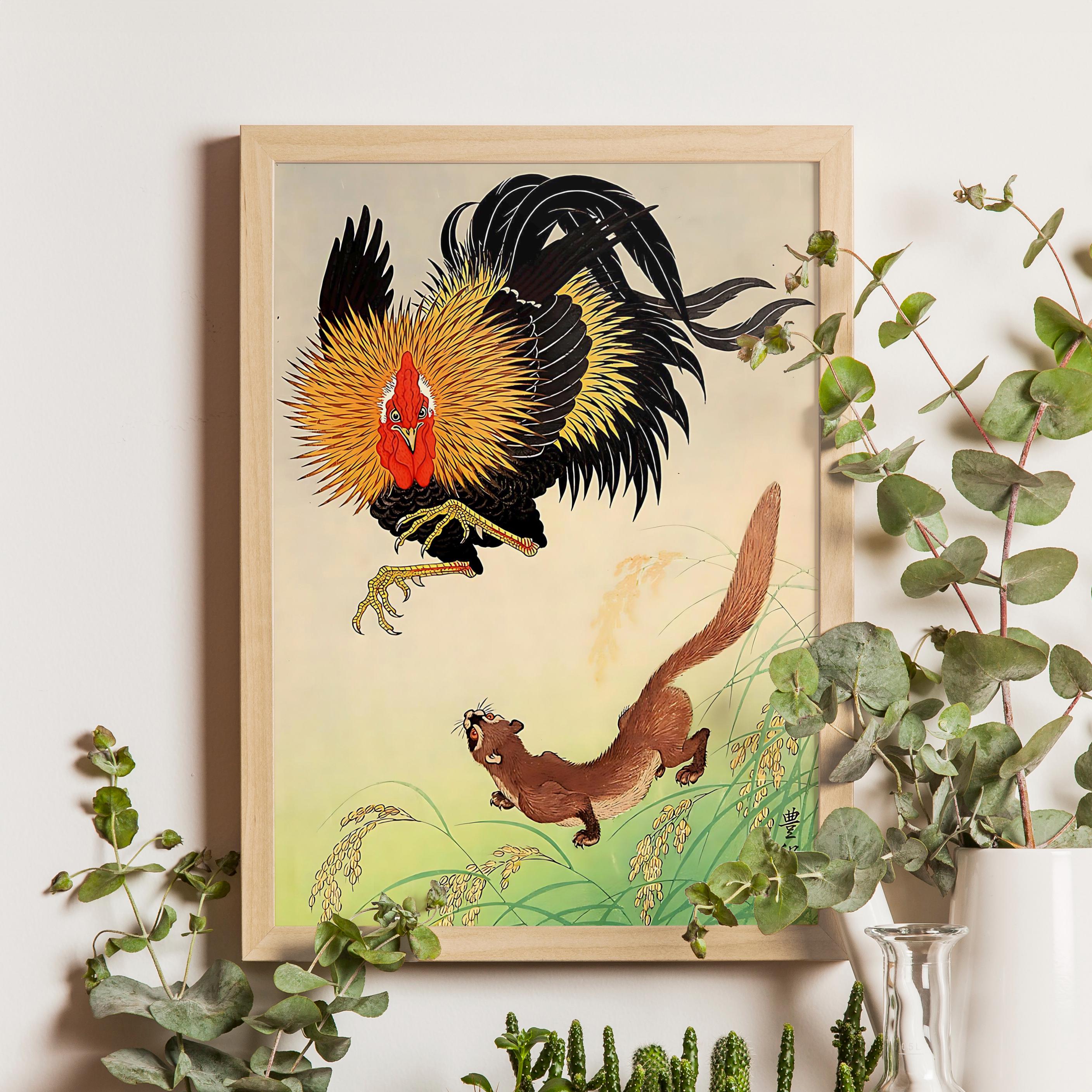 鶏とイタチ、小原古邨、1930年代頃、日本の木版画、花鳥絵動物アート