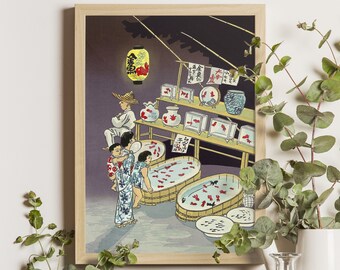 金魚売り、徳力富吉郎、1950 年代の浮世絵、日本の魚の版画