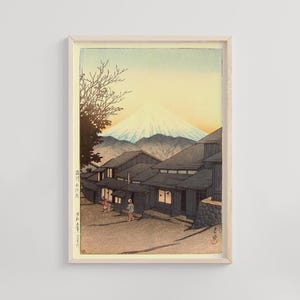 Mt Fuji From Yuimachi at Suruga, Kawase Hasui, c. 1930s, iconic Japanese landscape, Mount Fuji silhouette, traditional woodblock aesthetics