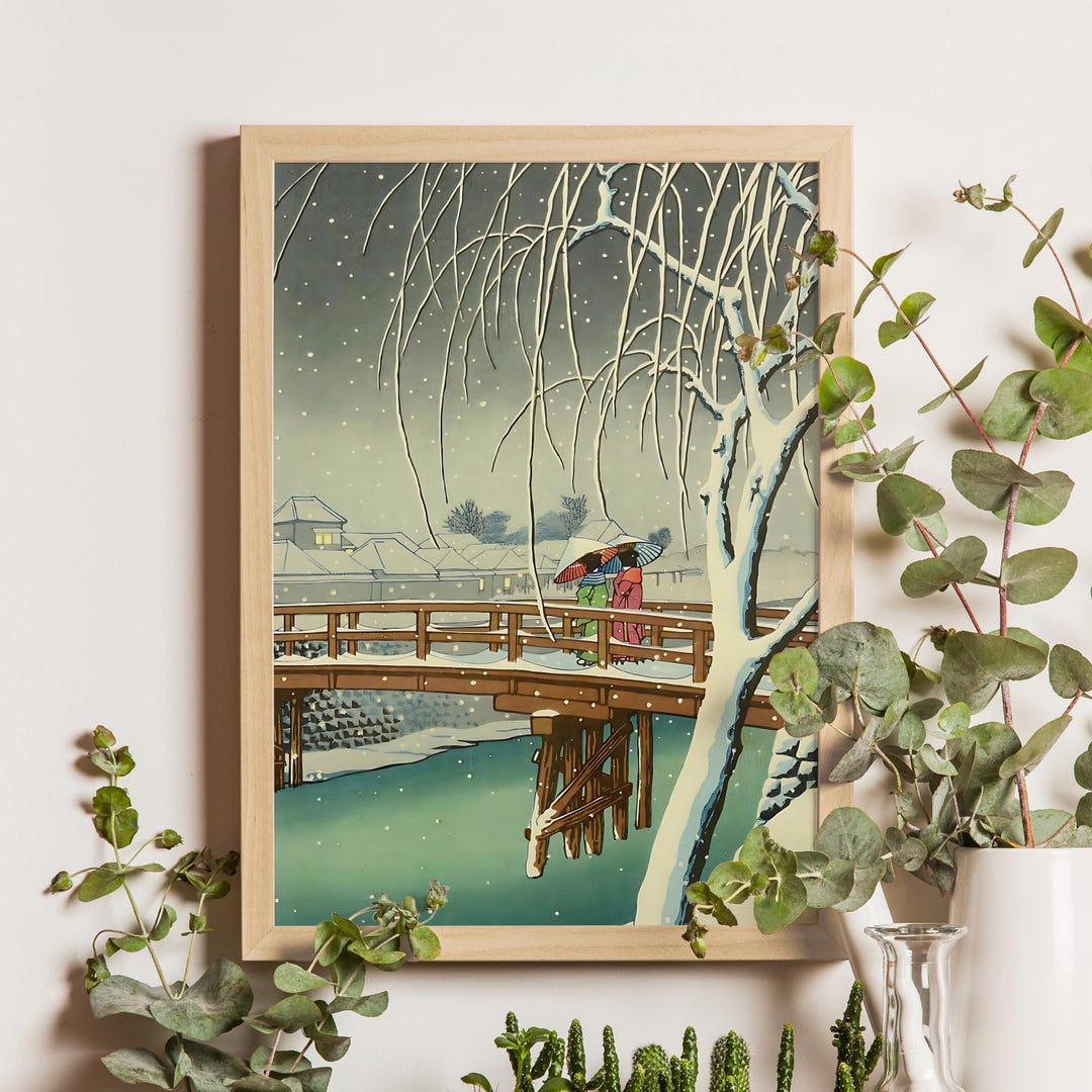 川瀬巴水作「江戸川の夕雪」1931年、冬の風景を描いた日本の木版画、新
