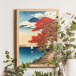 Chuzenji Lake, Nikko, Kawase Hasui, 1930, Japanese woodblock print, tranquil lake landscape art, vintage travel poster, Japan nature scene