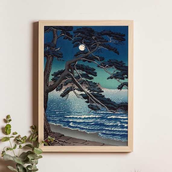 江の島の月、川瀬巴水、1933年、日本の木版画、夜景、月明かりの海岸