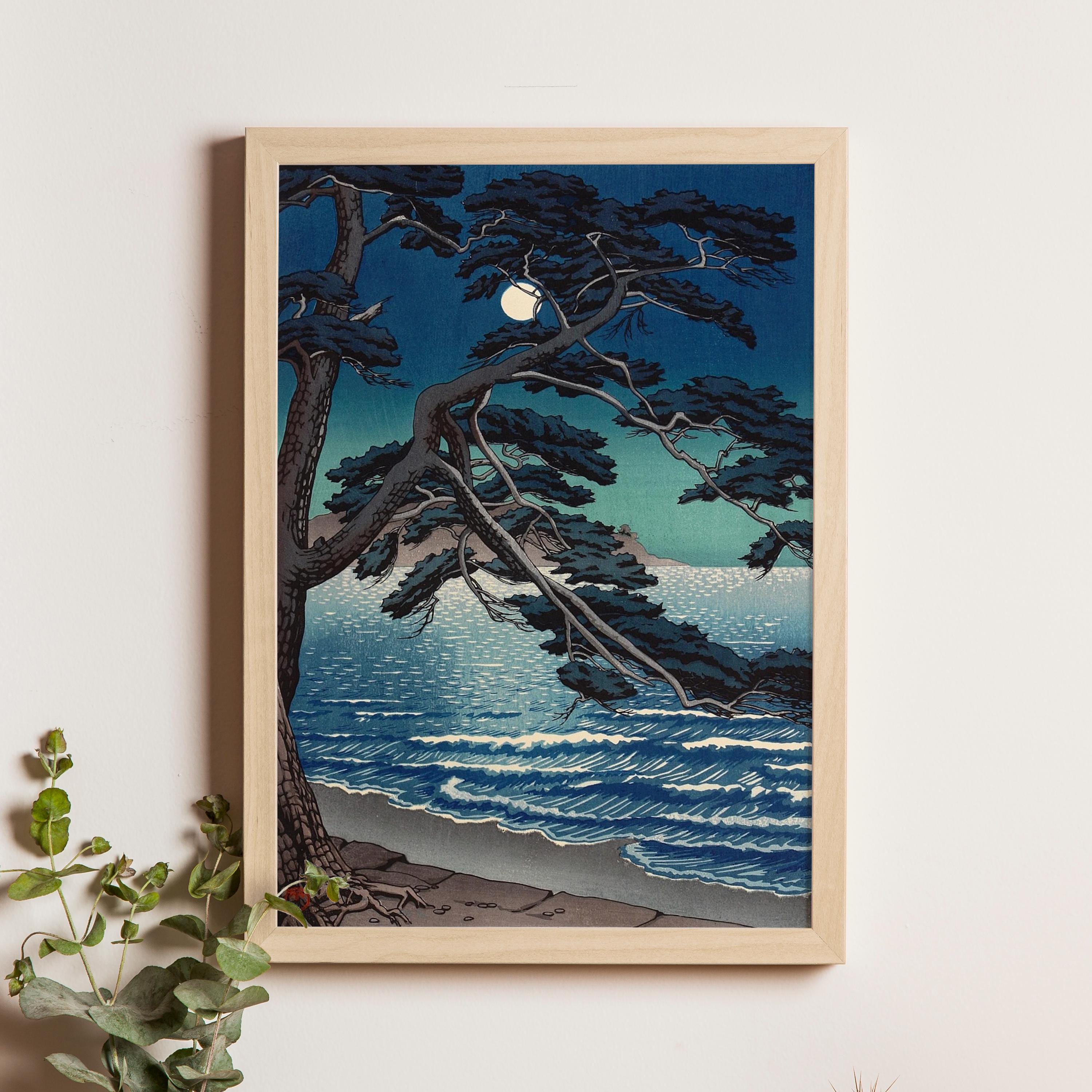 江の島の月、川瀬巴水、1933年、日本の木版画、夜景、月明かりの海岸