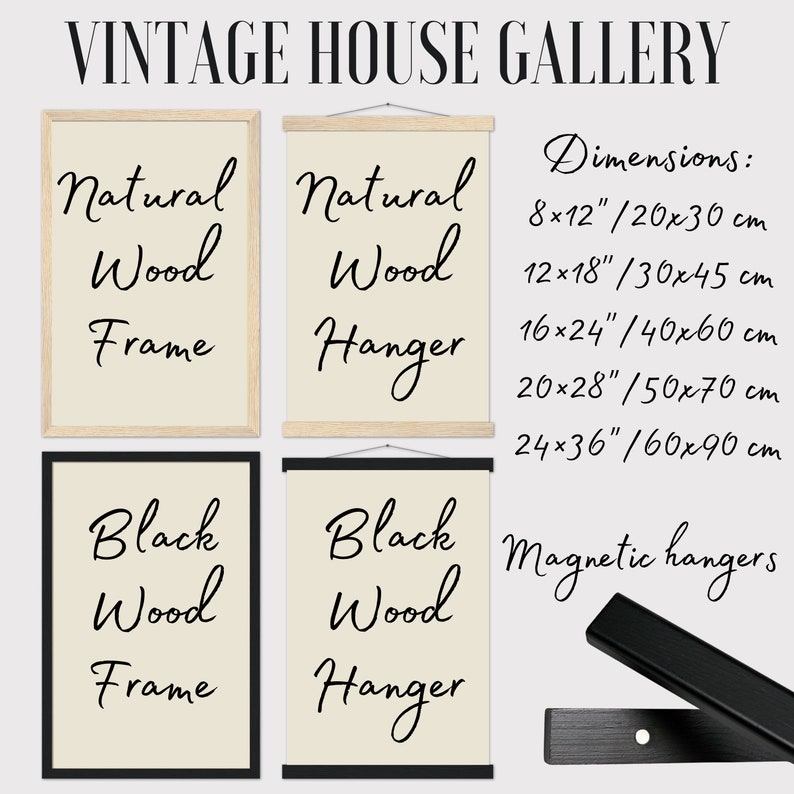 K&ouml;nnte beinhalten: Vier gerahmte Drucke mit dem Text "Natural Wood Frame", "Natural Wood Hanger", "Black Wood Frame" und "Black Wood Hanger". Die Drucke sind in verschiedenen Gr&ouml;&szlig;en erh&auml;ltlich, von 20x30 cm bis 60x90 cm. Das Bild zeigt auch magnetische Aufh&auml;nger.