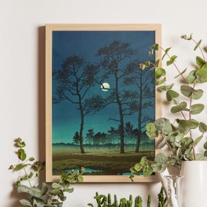Luna de invierno, Kawase Hasui, década de 1930, xilografía japonesa, escena nocturna serena, arte paisajístico vintage, decoración de pared clásica ukiyo-e