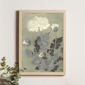May include: A framed print of a Japanese-style illustration of white poppy flowers with gray leaves on a green background. The print is signed in Japanese characters.