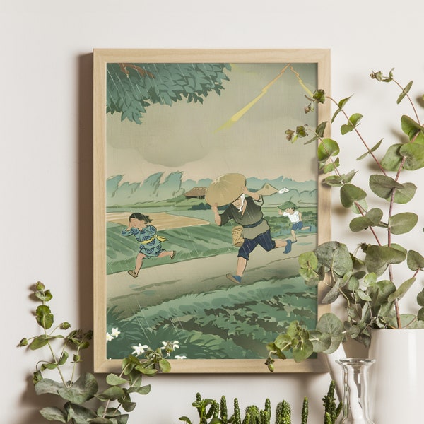 Thunder in the Farming Land, Hiyoshi Mamoru, 1950s Ukiyo-e Art, Japanese Landscape Print, Vintage Countryside Scene