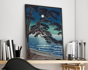 江の島の月、川瀬巴水、1933年、日本の木版画、夜景、月明かりの海岸