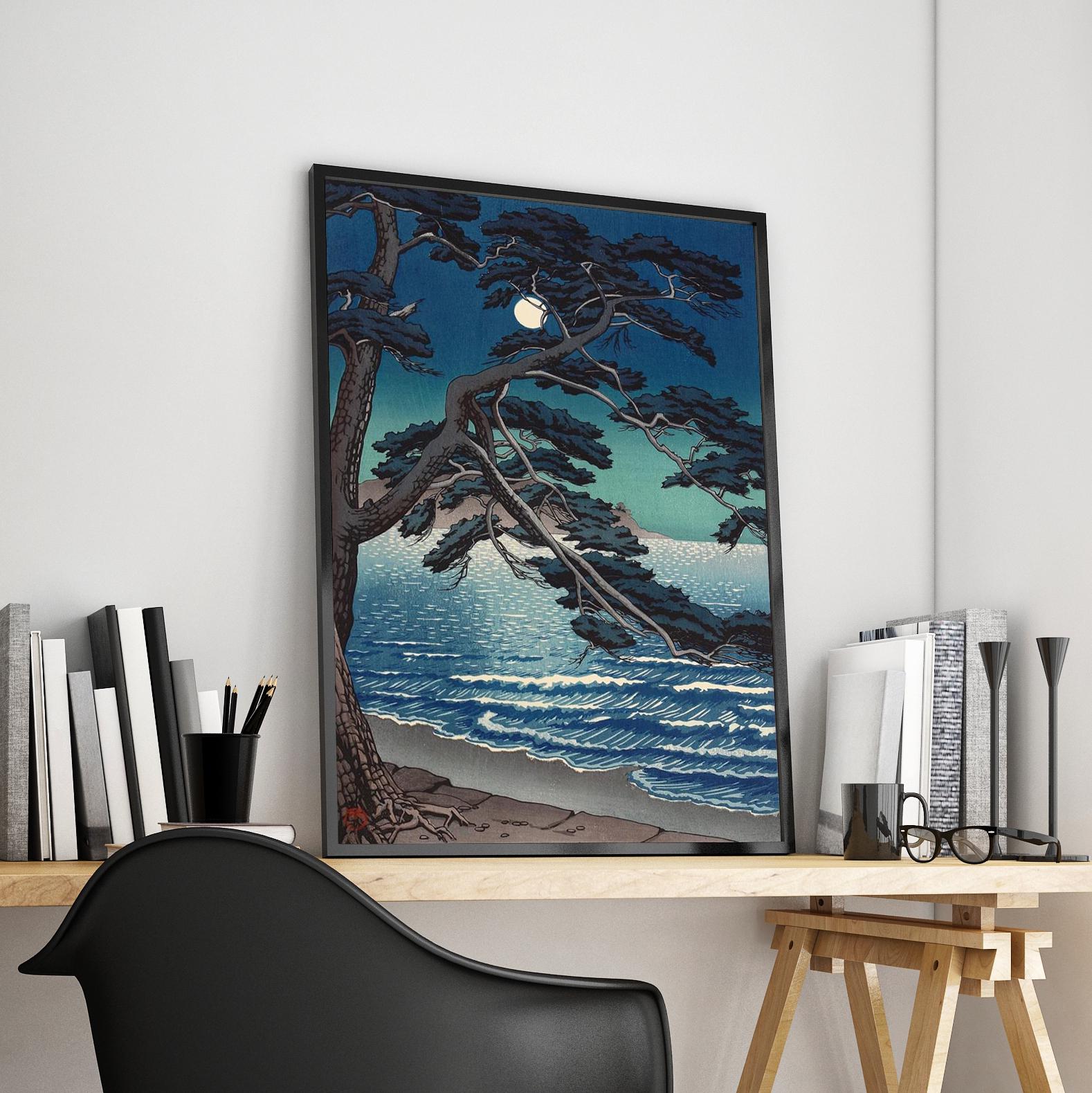 江の島の月、川瀬巴水、1933年、日本の木版画、夜景、月明かりの海岸