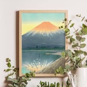 Dawn at Lake Yamanaka, Kawase Hasui, 1930, Japanese woodblock print, shin hanga landscape, Mount Fuji art, vintage Japan poster