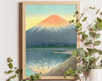 川瀬巴水作「三保の松浜」、木版画、ジクレー、版画、風景、雲、海