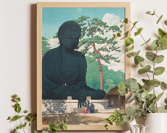 Great Buddha at Kamakura, Kawase Hasui, 1930, Japanese woodblock print wall art, Buddhist temple fine art print, Japan travel poster