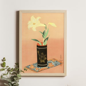 Lirio en jarrón de bambú, impresión de Ohno Bakufu, arte japonés, arte Ukiyo-e, cartel de jarrón de lirio en bambú, arte de pared japonés vintage