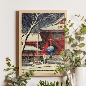 Snow at Kiyomizu Hall in Ueno by Kawase Hasui, 1930s, exquisite winter scene print, traditional Japanese art, serene snowy landscape decor