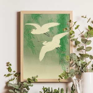 Two Egrets and Willow Tree, Ohara Koson, 20th C., Japanese bird woodblock print, egret wall art, vintage nature poster for home decor