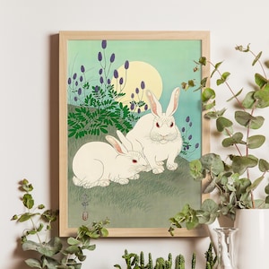 Grouchy Rabbits von Ohara Koson, c. 1930s, japanischer Holzschnitt, Kacho-e Vogel-Blumen-Kunst, Shin Hanga Vintage Naturdruck