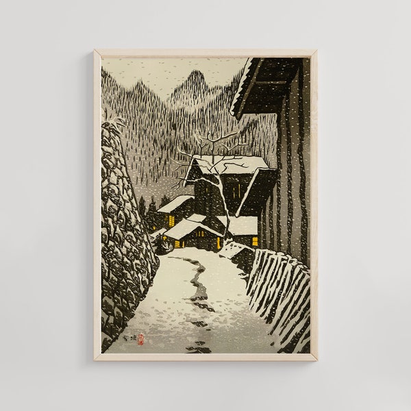 Evening Snow Scene - Kasamatsu Shiro Art Print, Japanese Ukiyo-e, Vintage Winter Landscape, Snowy Night, Wall Decor, Gift Idea