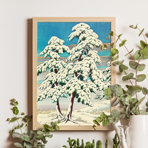 Clearing after a Snow in the Pines, Kawase Hasui, 1930, snowy forest Japanese shin-hanga landscape woodblock print, winter wall art