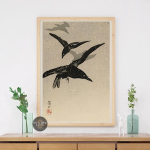 Quatre corbeaux volant dans une tempête de neige par Maki Sozan Ukiyo-e Poster, gravure sur bois d&#39;art japonais vintage