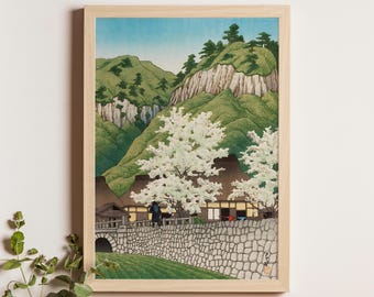 Cherry Trees at Kakise, Kawase Hasui, 1920, Japanese landscape woodblock print with blooming sakura, shin-hanga art for home decor