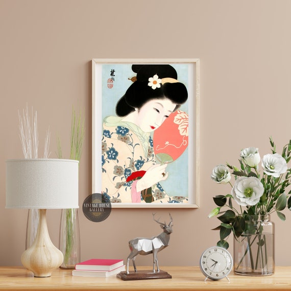 Ukiyoe Style Beauties - Shy by Nakayama Shuko Ukiyo-e, Japanese Wall Art, Woodblock Art, Restored Japanese Art